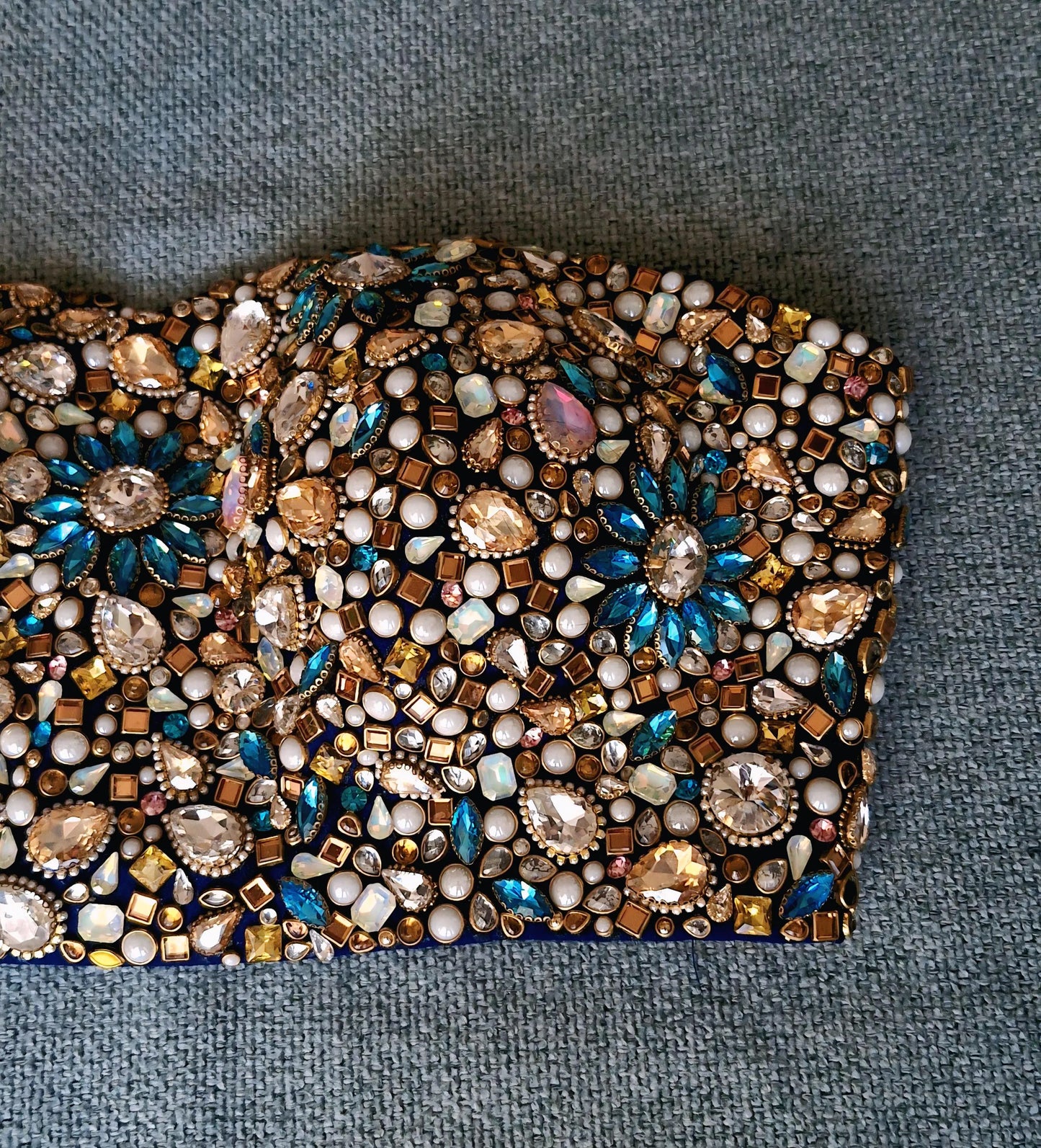Hand Embroidered Bejeweled Blouse, Kundan Embellished. Blue, Strapless Bralette DVBL_502