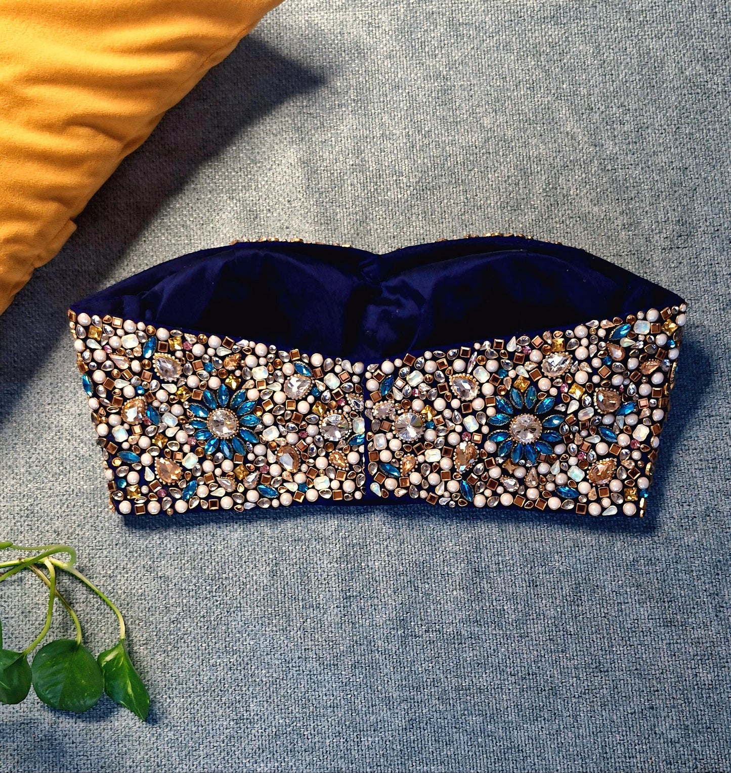 Hand Embroidered Bejeweled Blouse, Kundan Embellished. Blue, Strapless Bralette DVBL_502