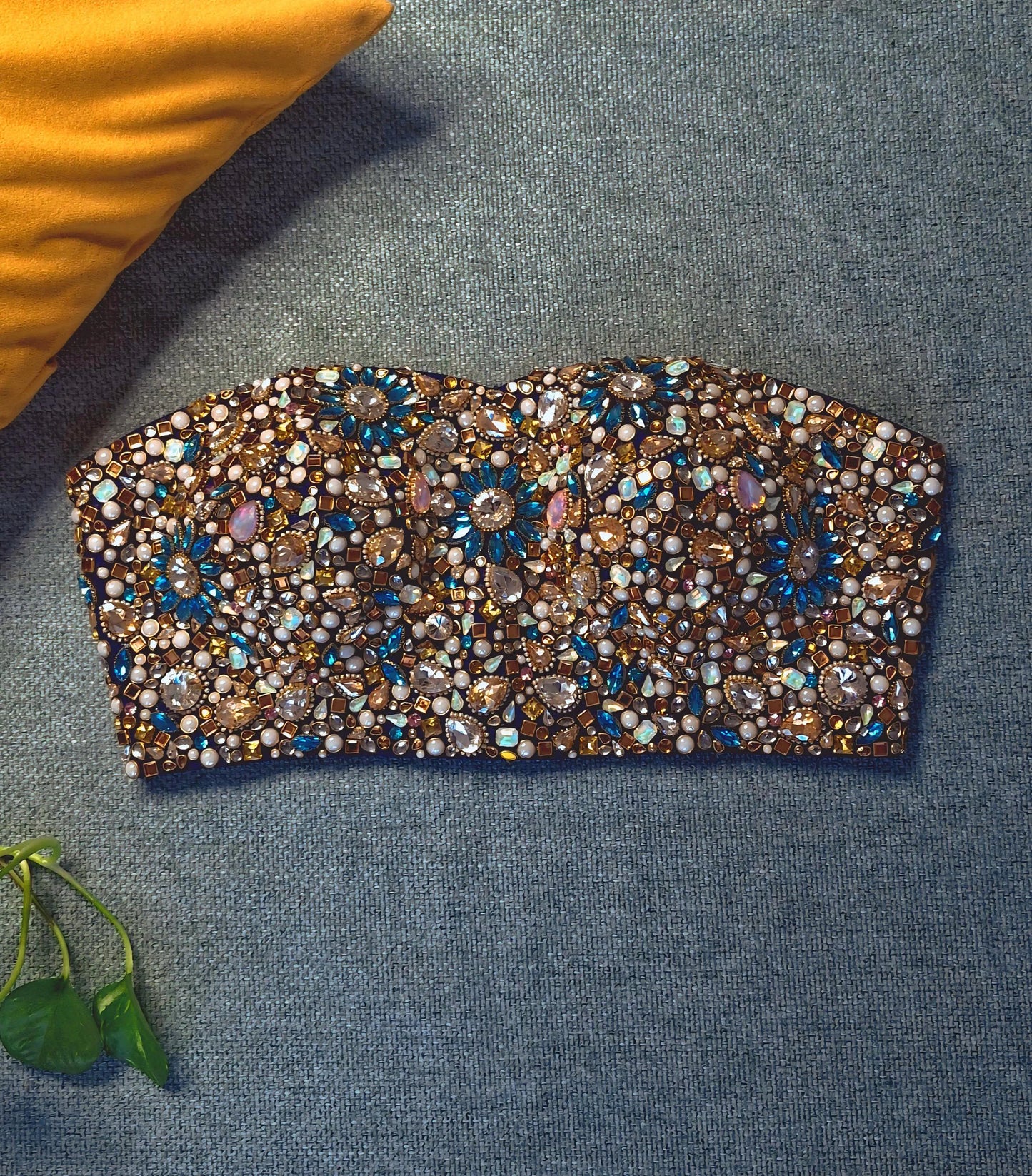 Hand Embroidered Bejeweled Blouse, Kundan Embellished. Blue, Strapless Bralette DVBL_502