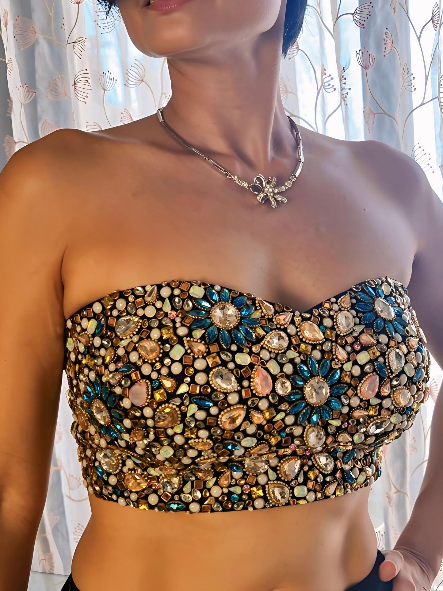 Hand Embroidered Bejeweled Blouse, Kundan Embellished. Blue, Strapless Bralette DVBL_502