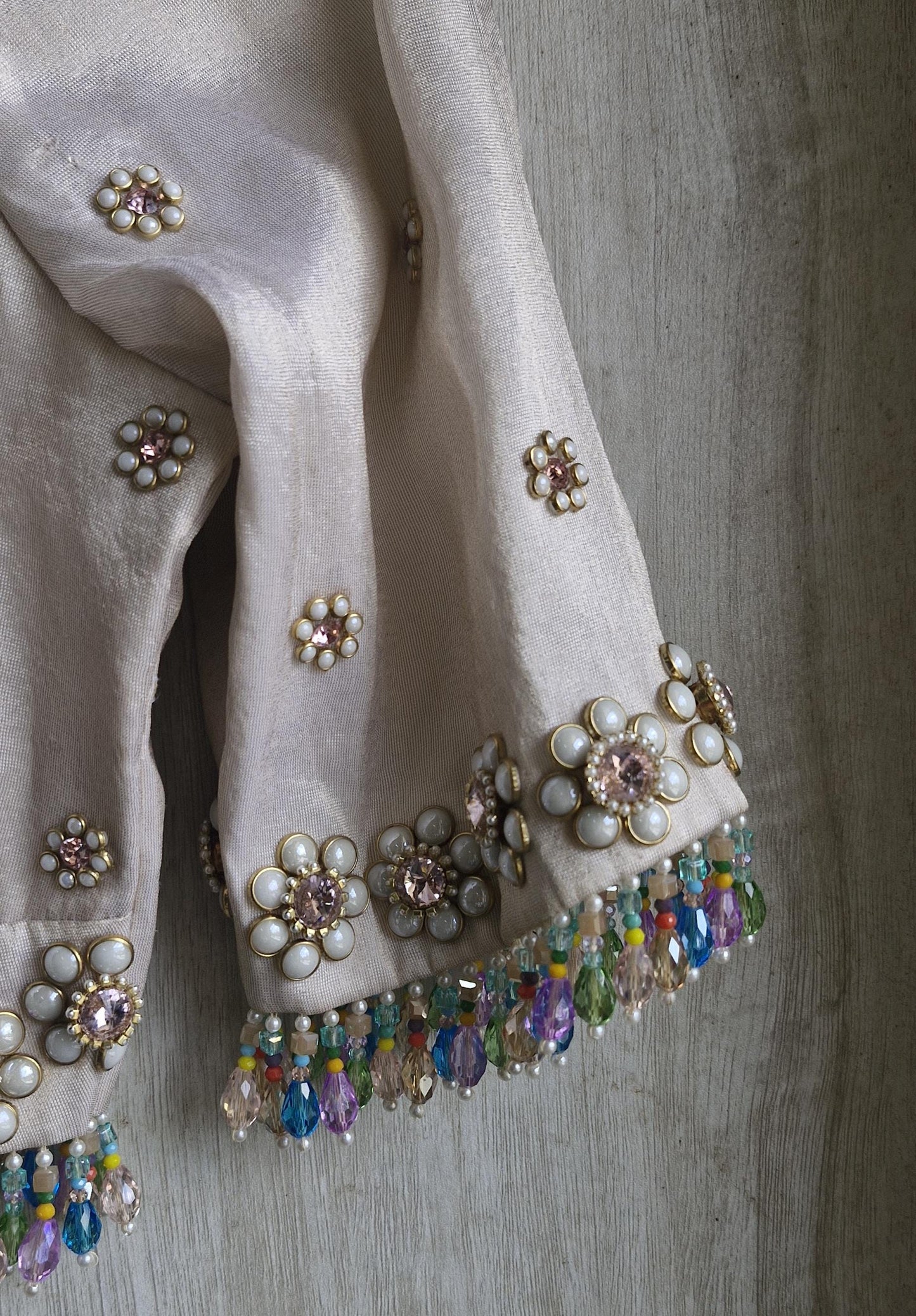 Hand Embroidered Ivory Bejeweled Blouse, Kundan and Beads Embellished, Elbow Sleeves DVBL_503