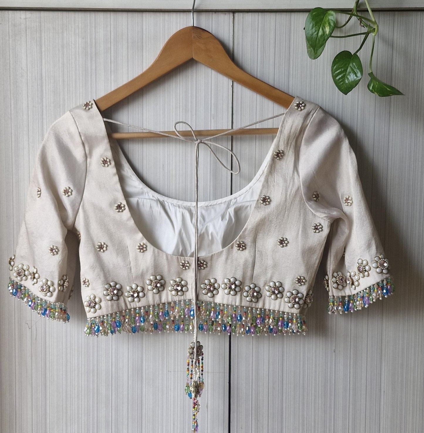 Hand Embroidered Ivory Bejeweled Blouse, Kundan and Beads Embellished, Elbow Sleeves DVBL_503