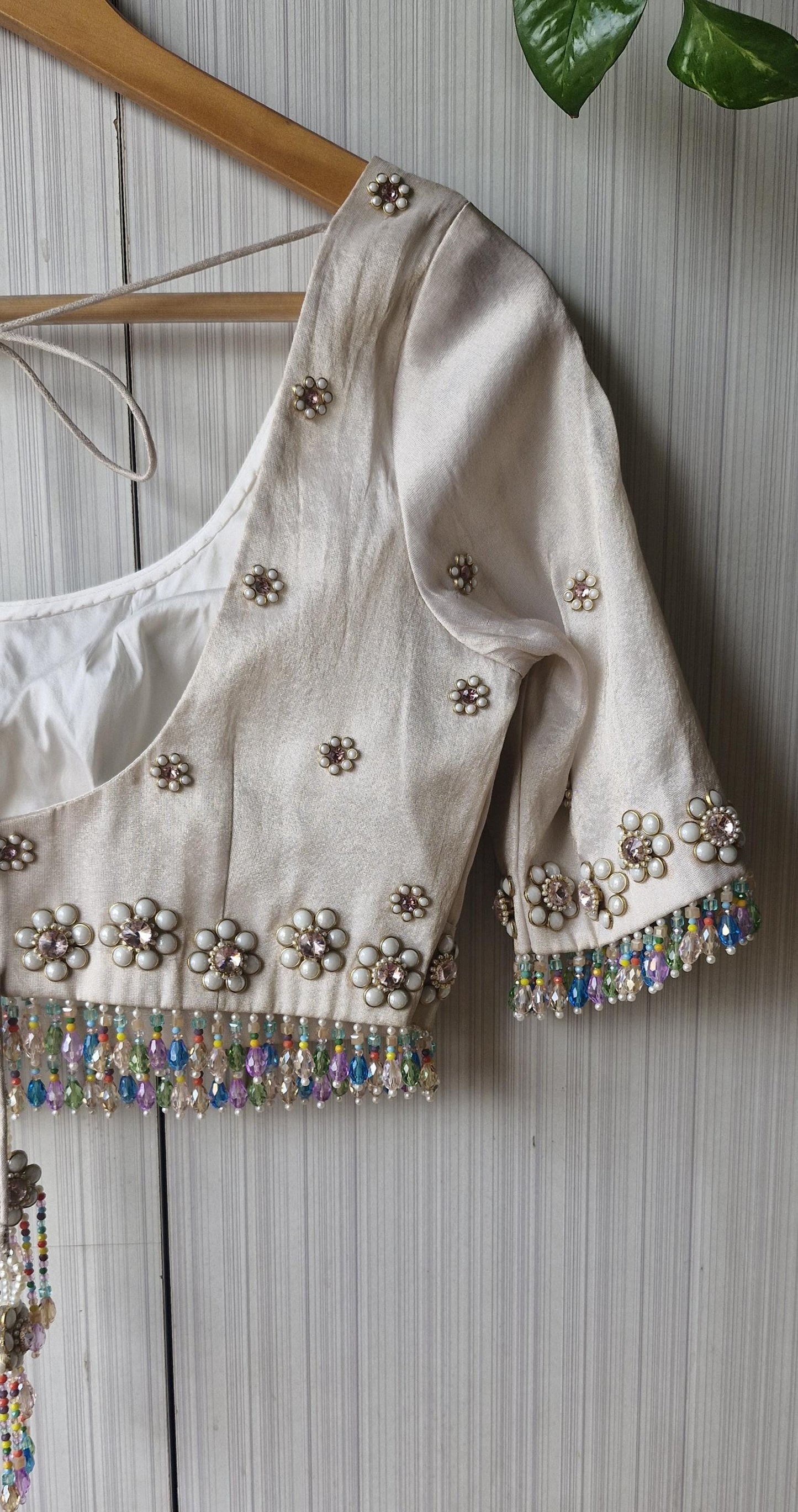 Hand Embroidered Ivory Bejeweled Blouse, Kundan and Beads Embellished, Elbow Sleeves DVBL_503