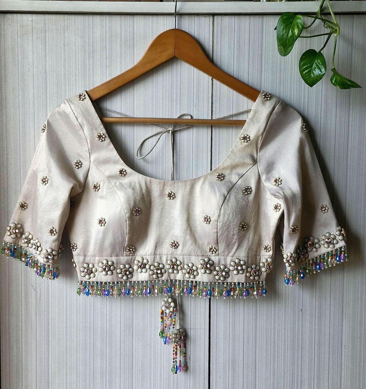 Hand Embroidered Ivory Bejeweled Blouse, Kundan and Beads Embellished, Elbow Sleeves DVBL_503