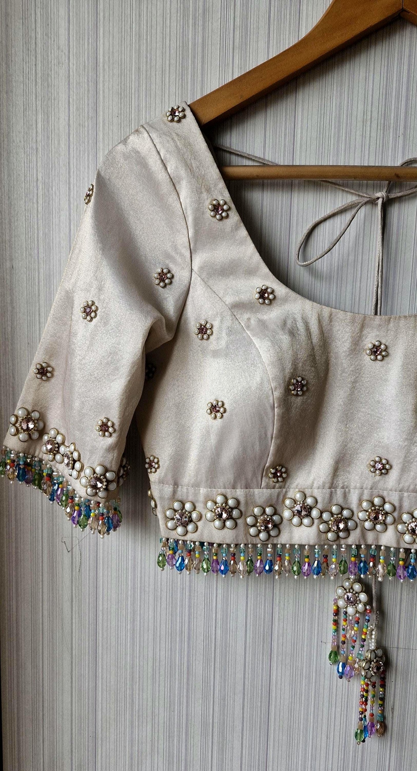 Hand Embroidered Ivory Bejeweled Blouse, Kundan and Beads Embellished, Elbow Sleeves DVBL_503