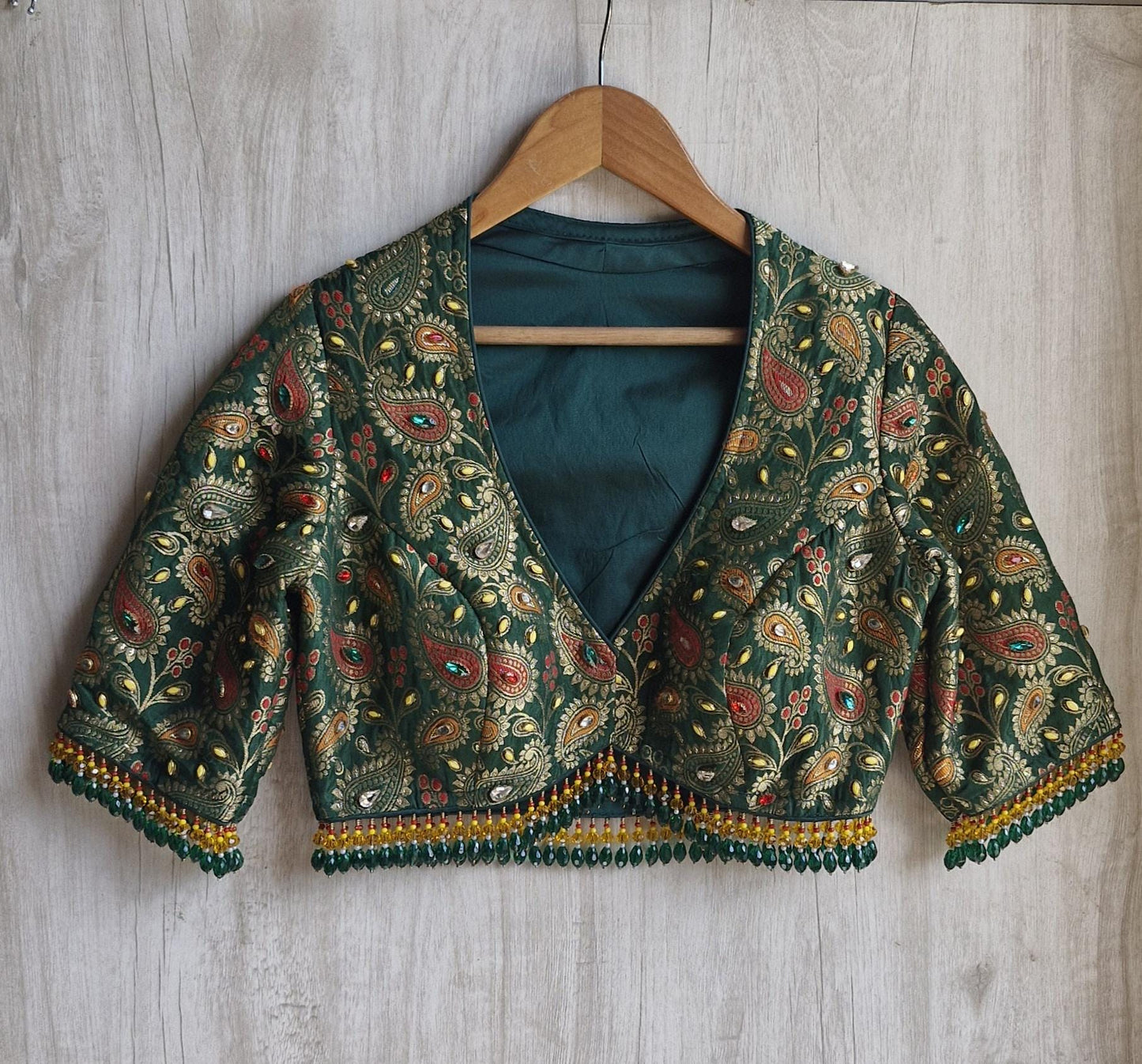 Green Brocade Saree Blouse, DeepV Neck,  Kundan Embellished, Beads Fringes Lehenga Top DVBL_505