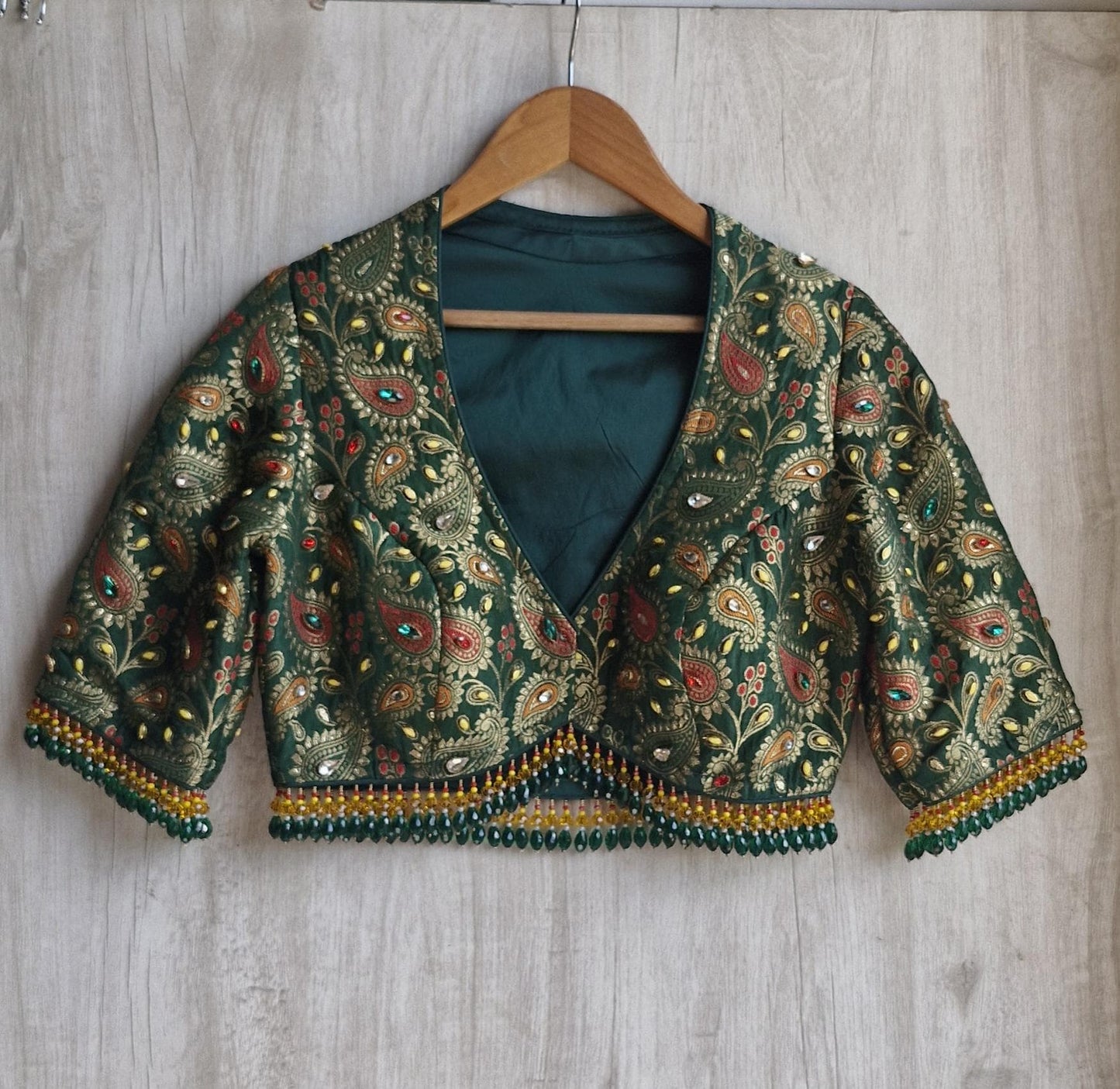 Green Brocade Saree Blouse, DeepV Neck,  Kundan Embellished, Beads Fringes Lehenga Top DVBL_505
