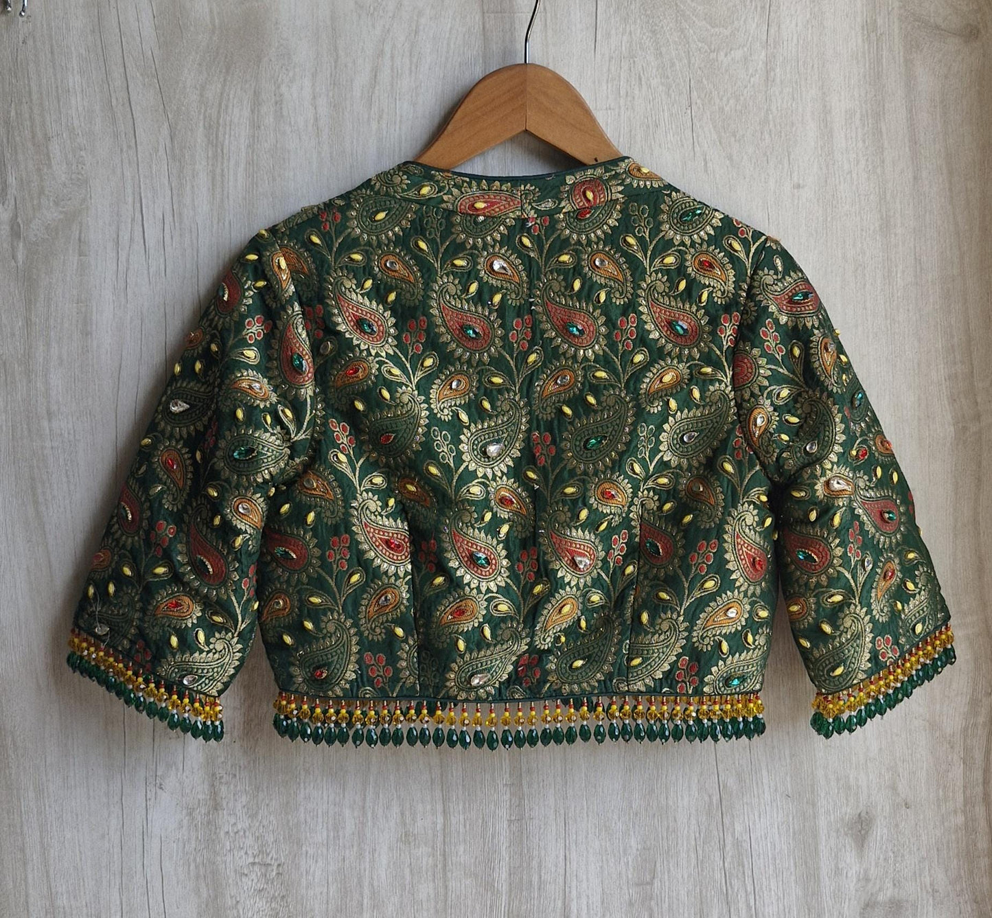 Green Brocade Saree Blouse, DeepV Neck,  Kundan Embellished, Beads Fringes Lehenga Top DVBL_505