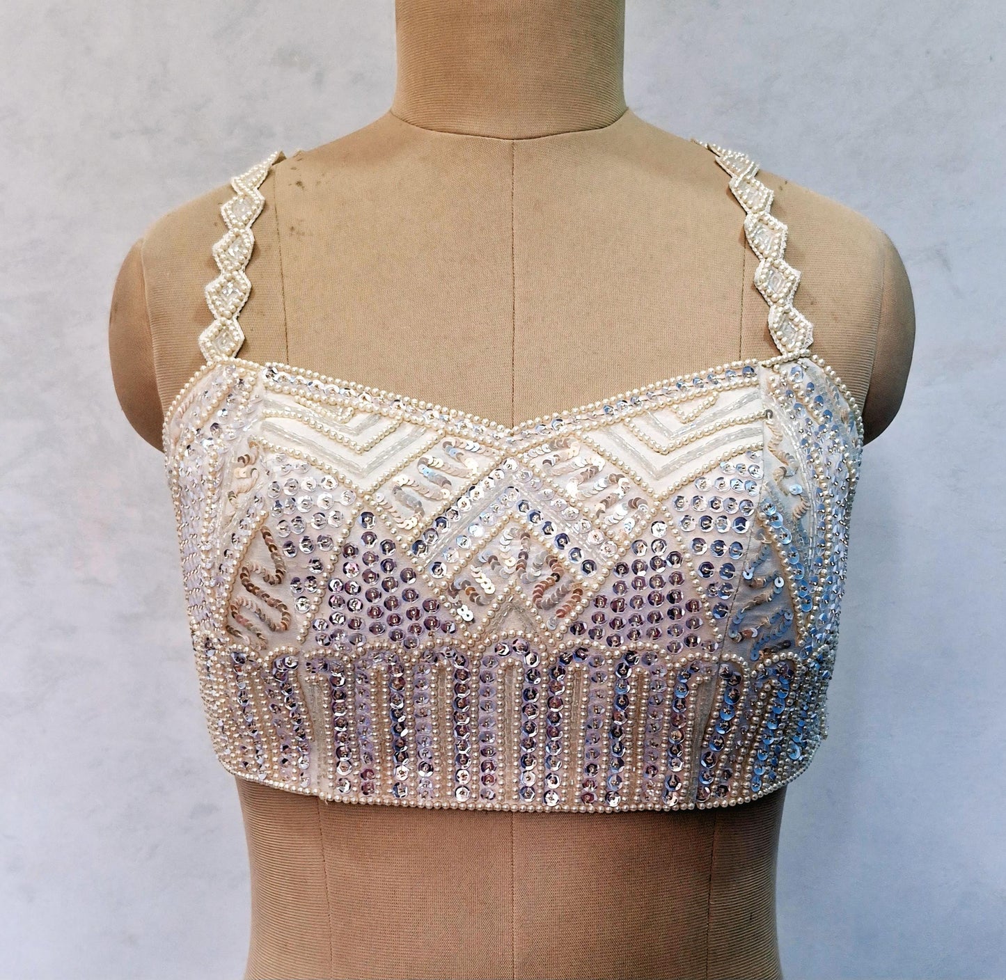 Hand Embroidered Ivory Raw Silk Saree Blouse, Beads and Sequins Embroidered Lehenga Top  DVBL_506