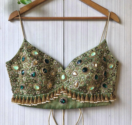 Hand Embroidered Green Saree Blouse, Kundan Embellishment, Bejeweled Bralette DVBL_507