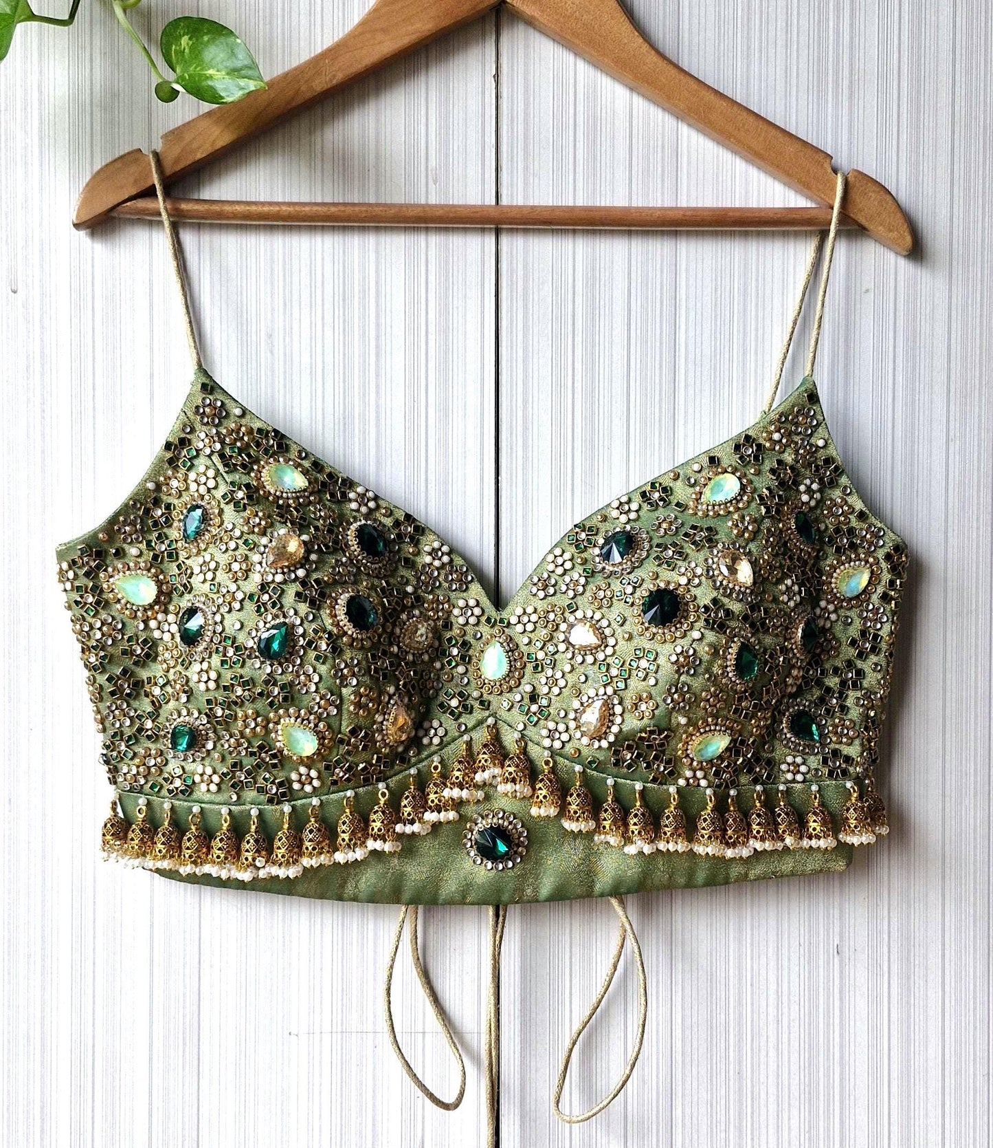 Hand Embroidered Green Saree Blouse, Kundan Embellishment, Bejeweled Bralette DVBL_507