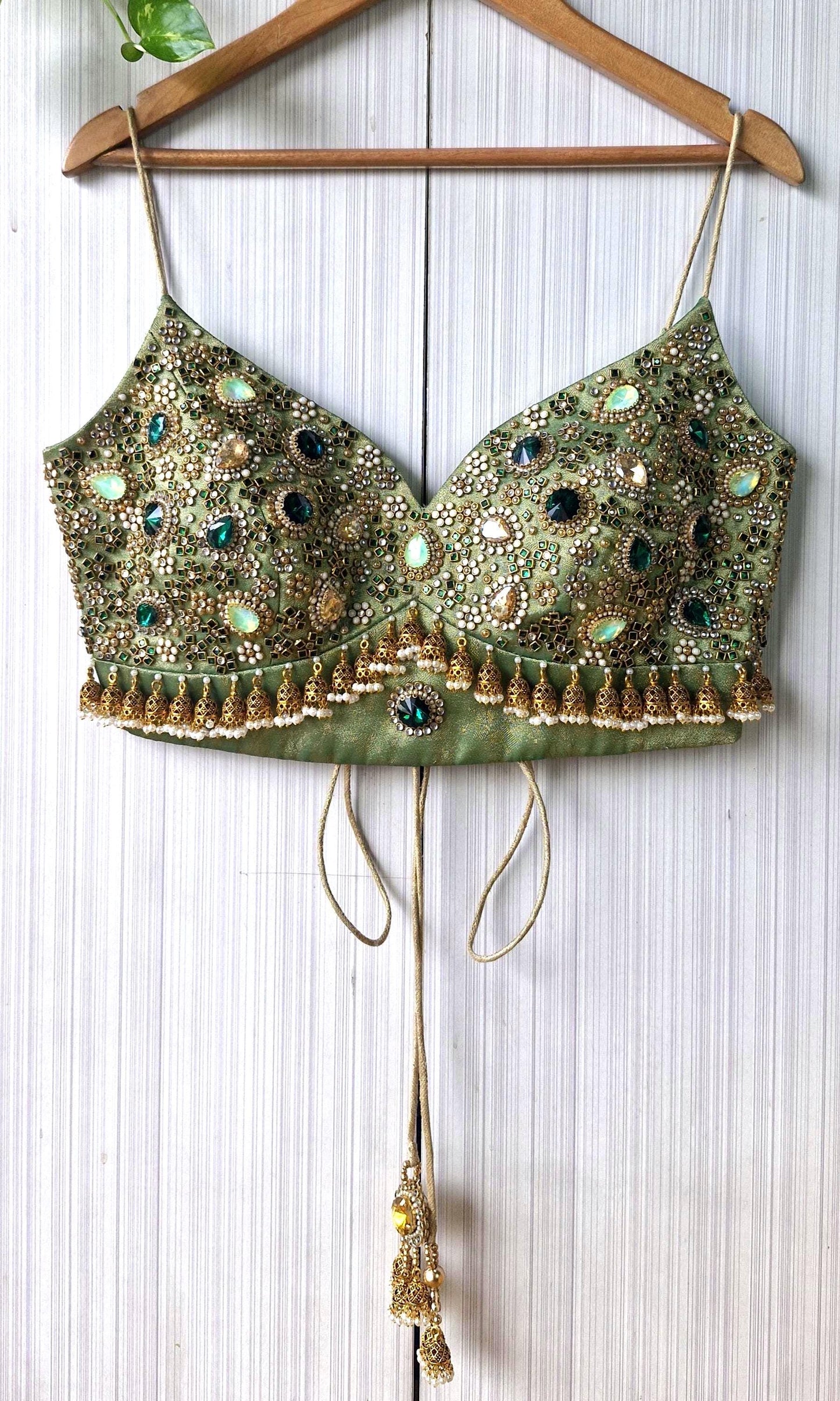 Hand Embroidered Green Saree Blouse, Kundan Embellishment, Bejeweled Bralette DVBL_507