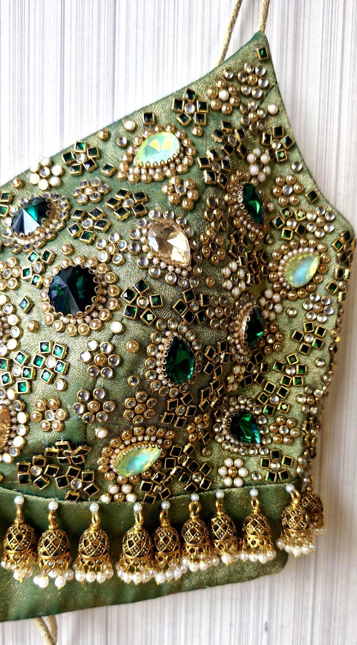 Hand Embroidered Green Saree Blouse, Kundan Embellishment, Bejeweled Bralette DVBL_507