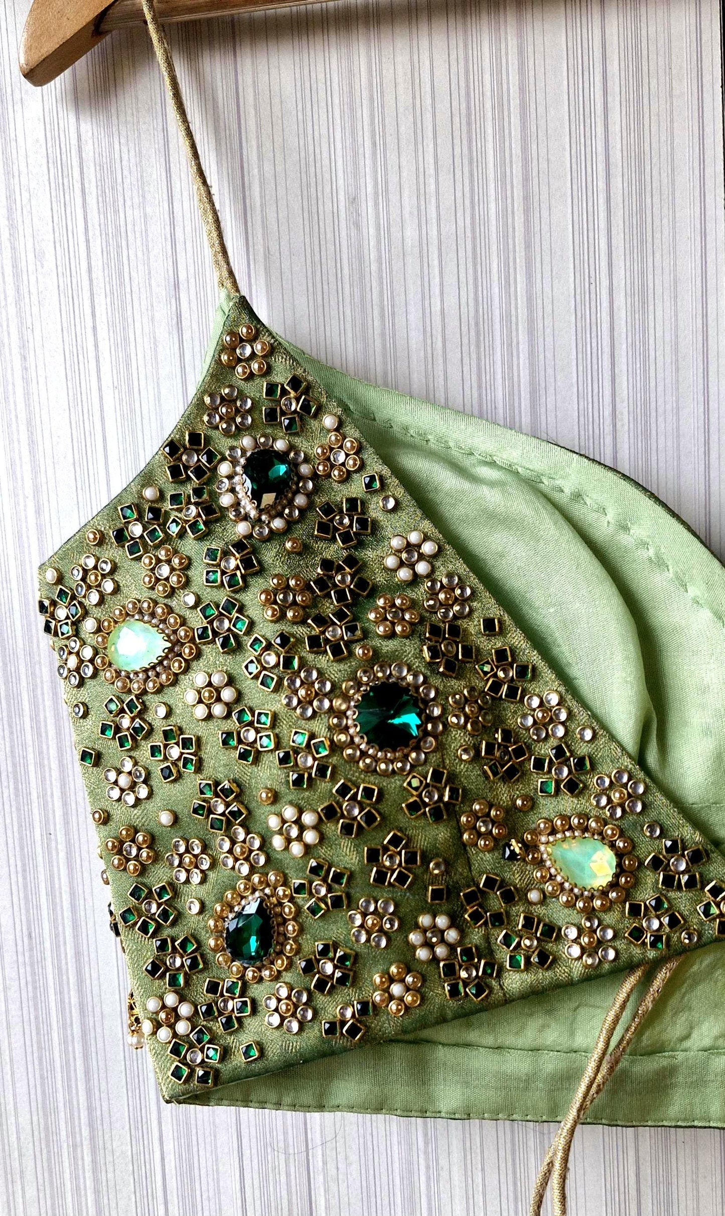Hand Embroidered Green Saree Blouse, Kundan Embellishment, Bejeweled Bralette DVBL_507