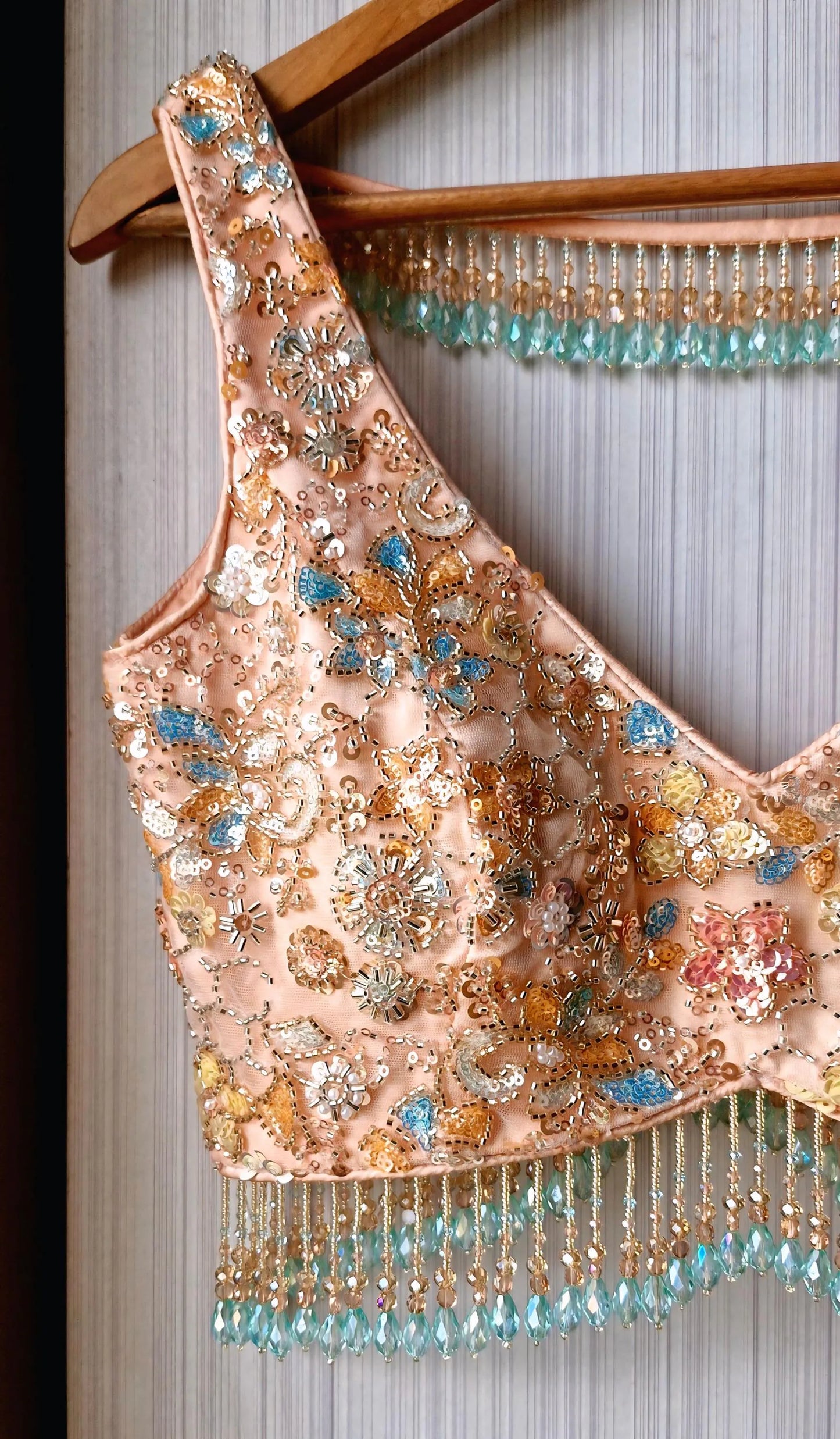 Peach Embroidered Net Saree Blouse, Beads Fringes, Deep V Neck DVBL_504