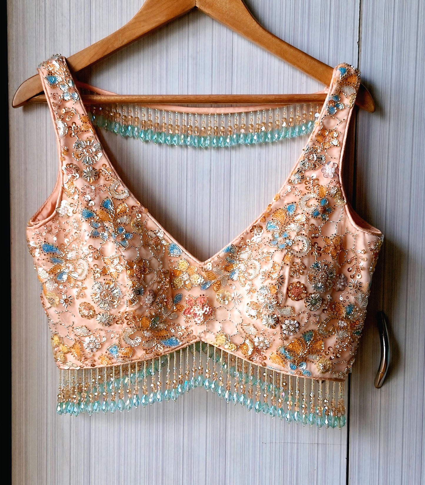 Peach Embroidered Net Saree Blouse, Beads Fringes, Deep V Neck DVBL_504