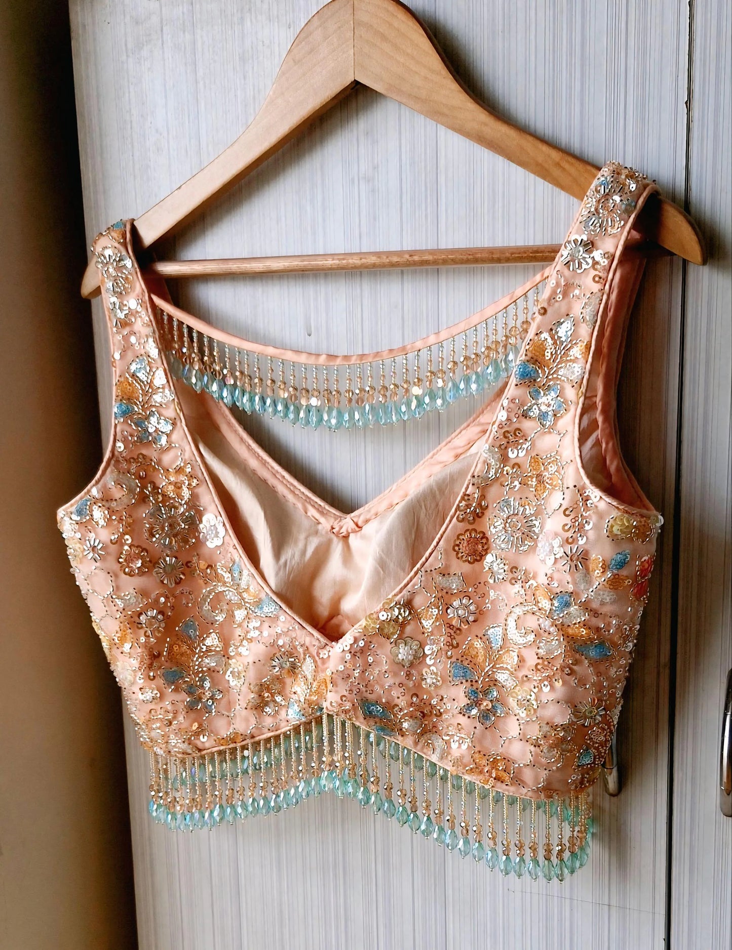 Peach Embroidered Net Saree Blouse, Beads Fringes, Deep V Neck DVBL_504