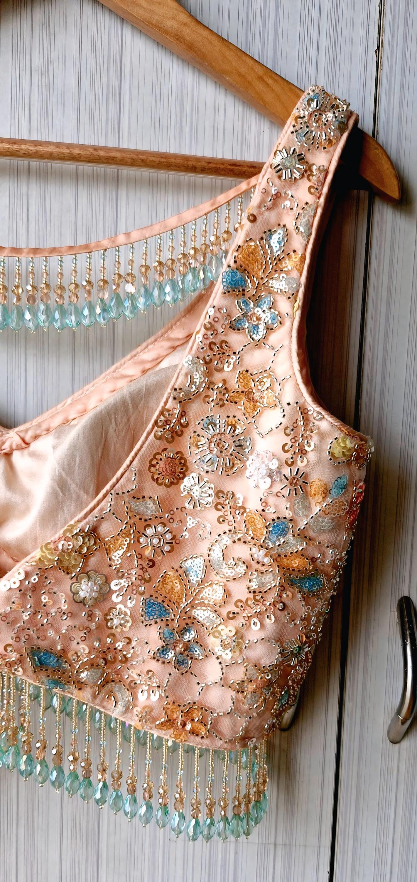 Peach Embroidered Net Saree Blouse, Beads Fringes, Deep V Neck DVBL_504