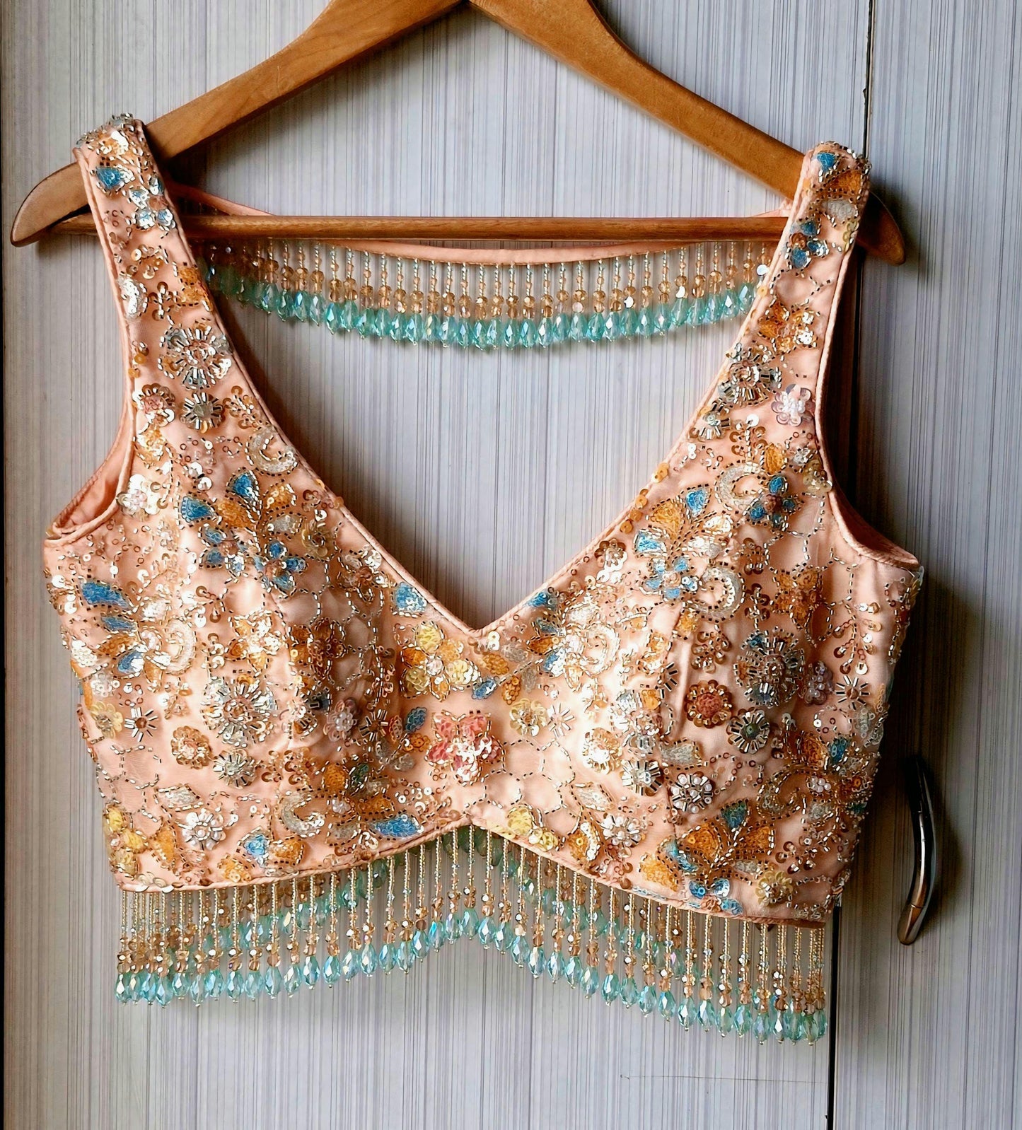 Peach Embroidered Net Saree Blouse, Beads Fringes, Deep V Neck DVBL_504
