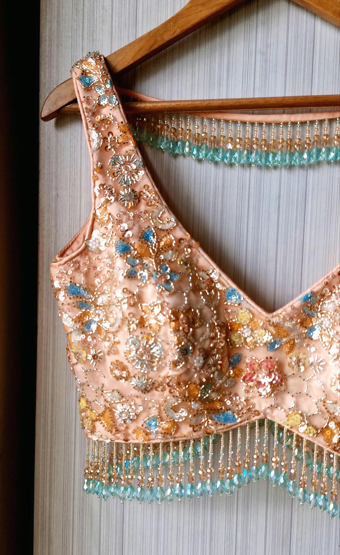 Peach Embroidered Net Saree Blouse, Beads Fringes, Deep V Neck DVBL_504