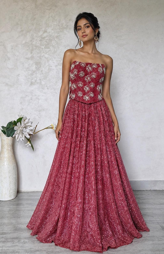 Embroidered Dusty Rose Organza Corset Lehenga Set DVMTD_0297