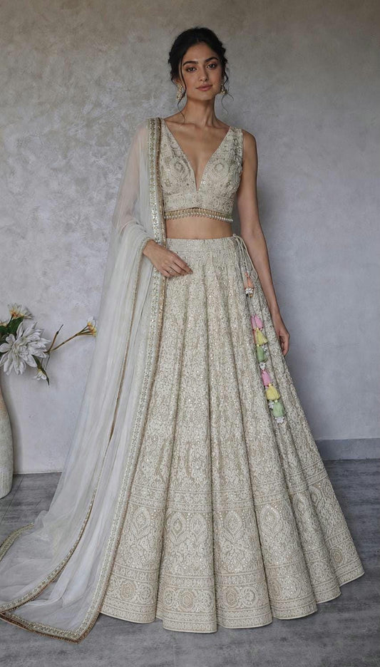 Embroidered Champagne Chikankari Tissue Silk Lehenga Choli DVMTD_0296