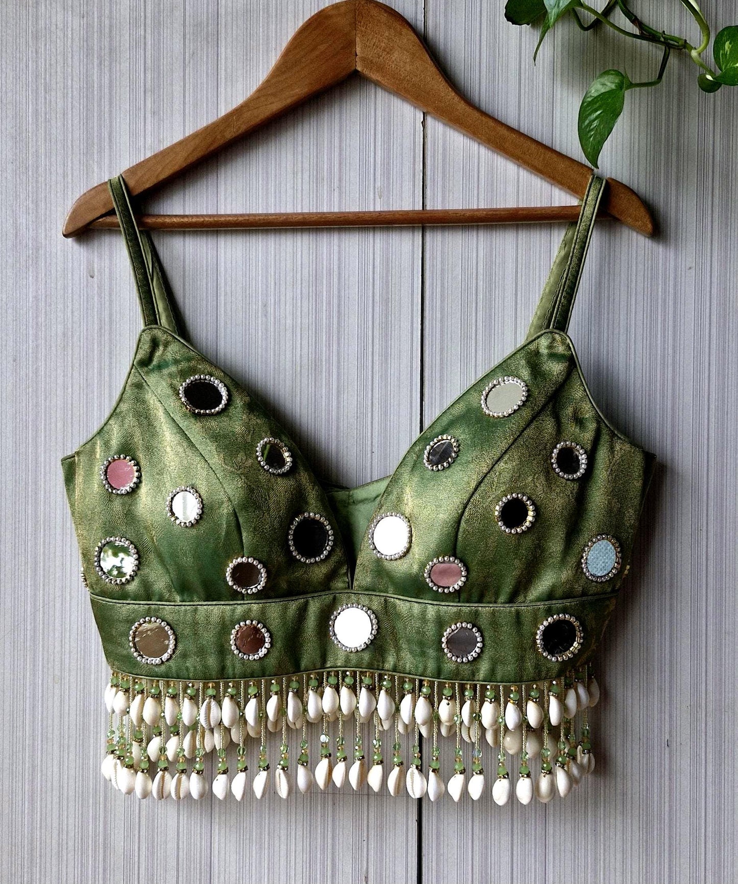 Hand Embroidered Sage Green Saree Blouse, Mirror, Shells Embellishment, Plunge Lehenga Top DVBL_508
