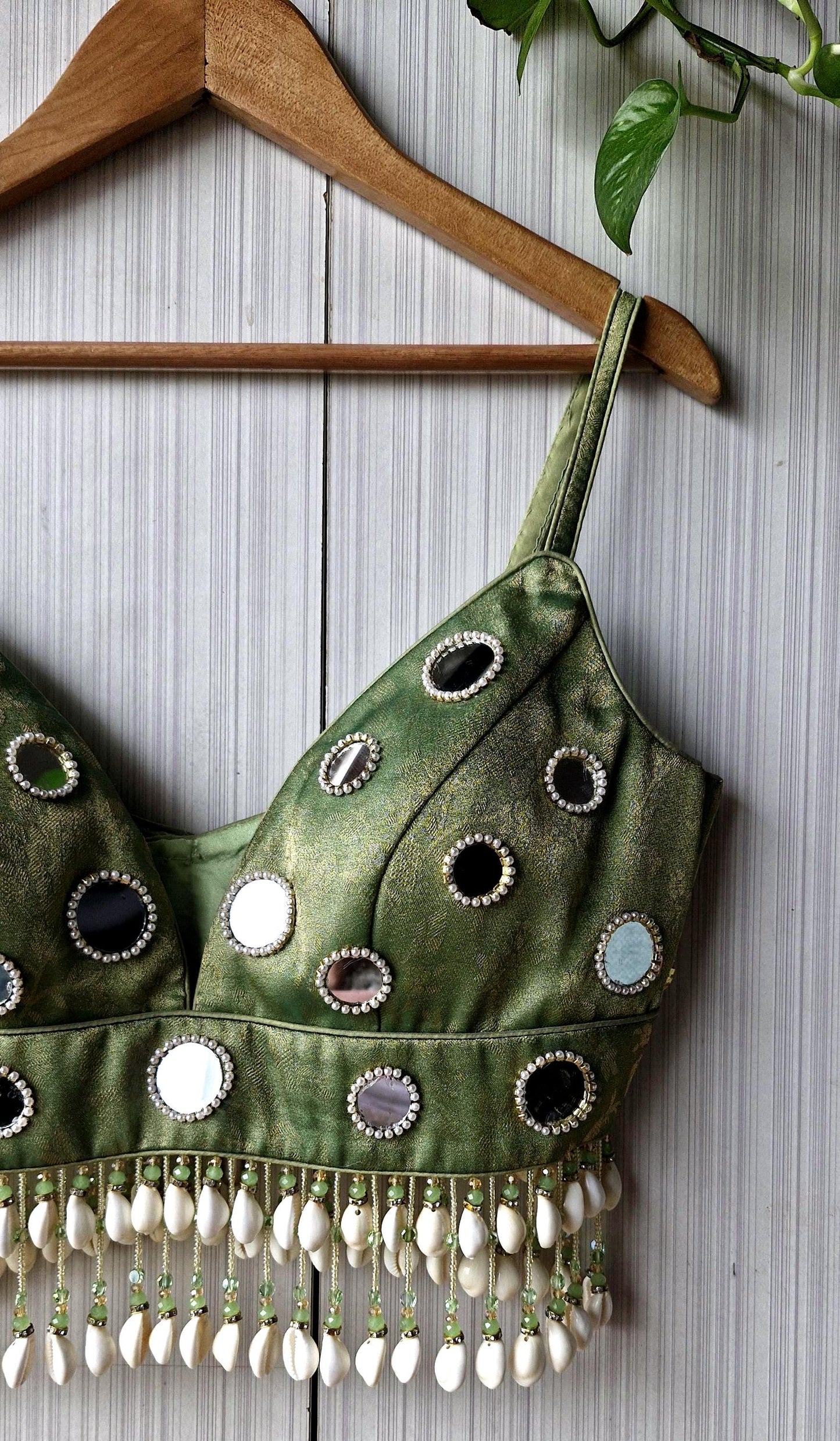 Hand Embroidered Sage Green Saree Blouse, Mirror, Shells Embellishment, Plunge Lehenga Top DVBL_508