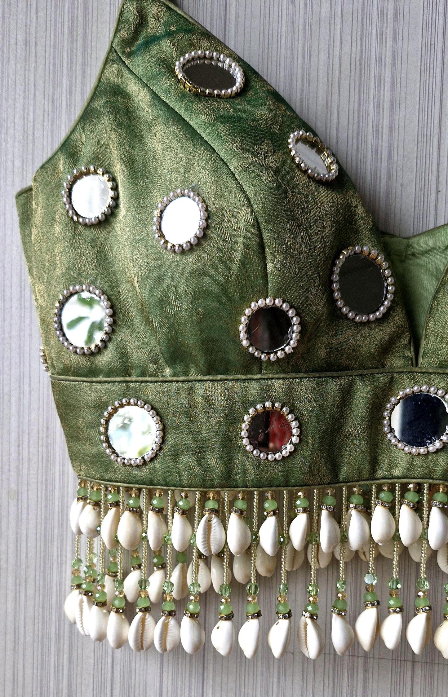 Hand Embroidered Sage Green Saree Blouse, Mirror, Shells Embellishment, Plunge Lehenga Top DVBL_508