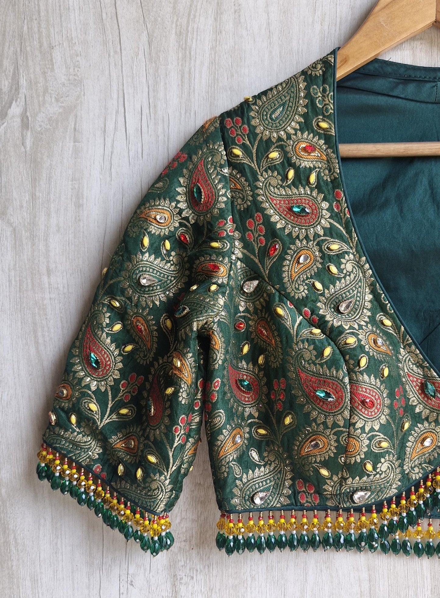 Green Brocade Saree Blouse, DeepV Neck,  Kundan Embellished, Beads Fringes Lehenga Top DVBL_505
