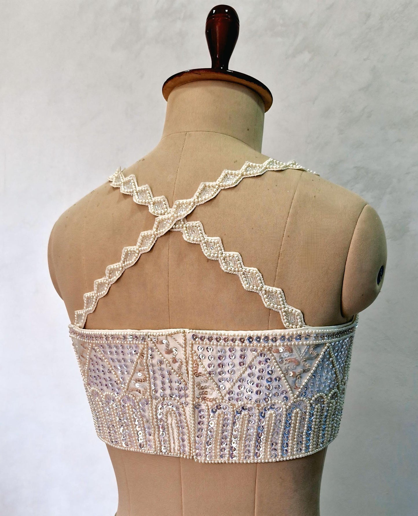 Hand Embroidered Ivory Raw Silk Saree Blouse, Beads and Sequins Embroidered Lehenga Top  DVBL_506