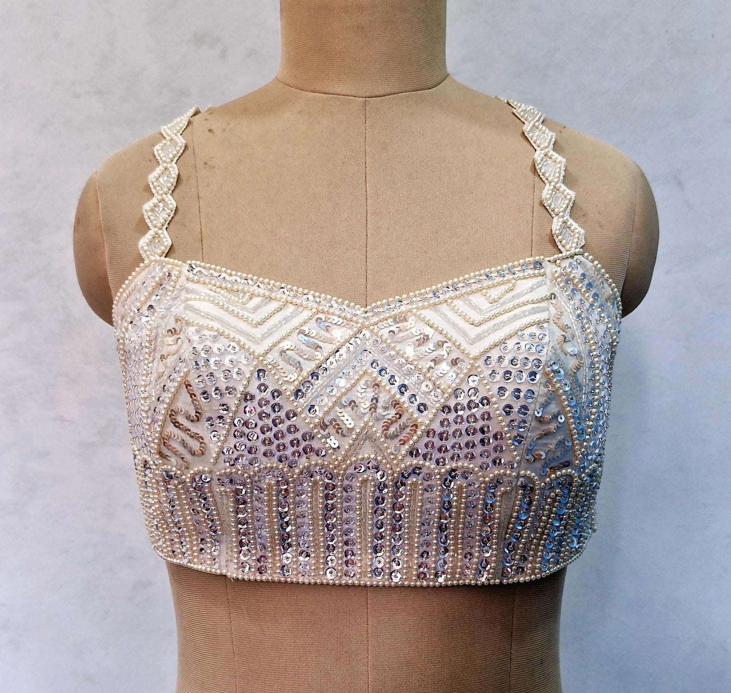 Hand Embroidered Ivory Raw Silk Saree Blouse, Beads and Sequins Embroidered Lehenga Top  DVBL_506