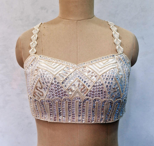Hand Embroidered Ivory Raw Silk Saree Blouse, Beads and Sequins Embroidered DVBL_506