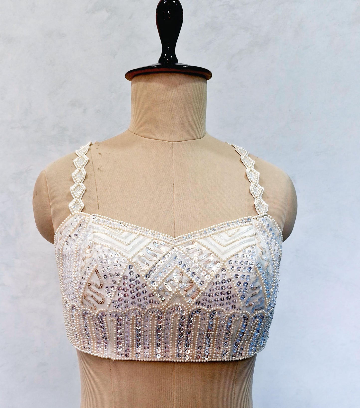 Hand Embroidered Ivory Raw Silk Saree Blouse, Beads and Sequins Embroidered Lehenga Top  DVBL_506
