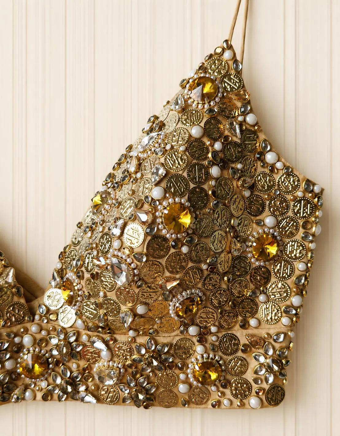 Hand Embroidered Gold Bejeweled Blouse, Kundan Embellished, Spaghetti Top DVBL_510