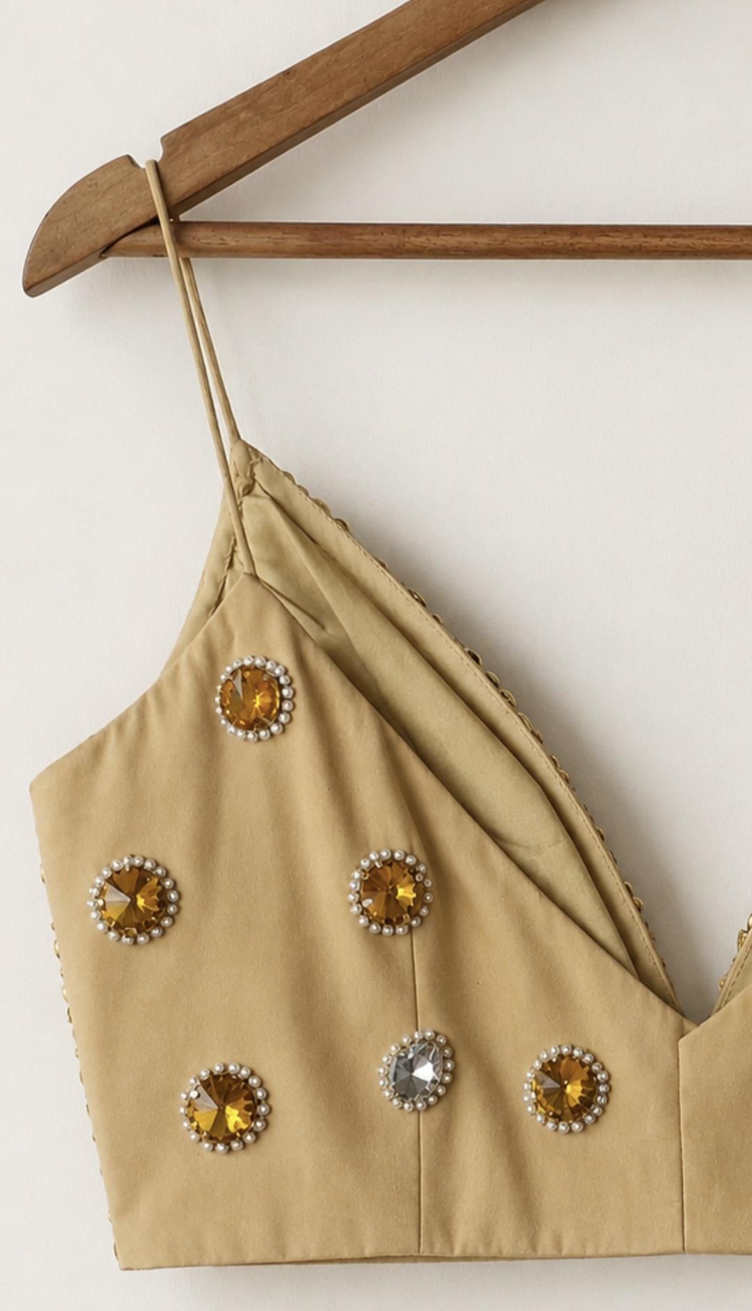 Hand Embroidered Gold Bejeweled Blouse, Kundan Embellished, Spaghetti Top DVBL_510