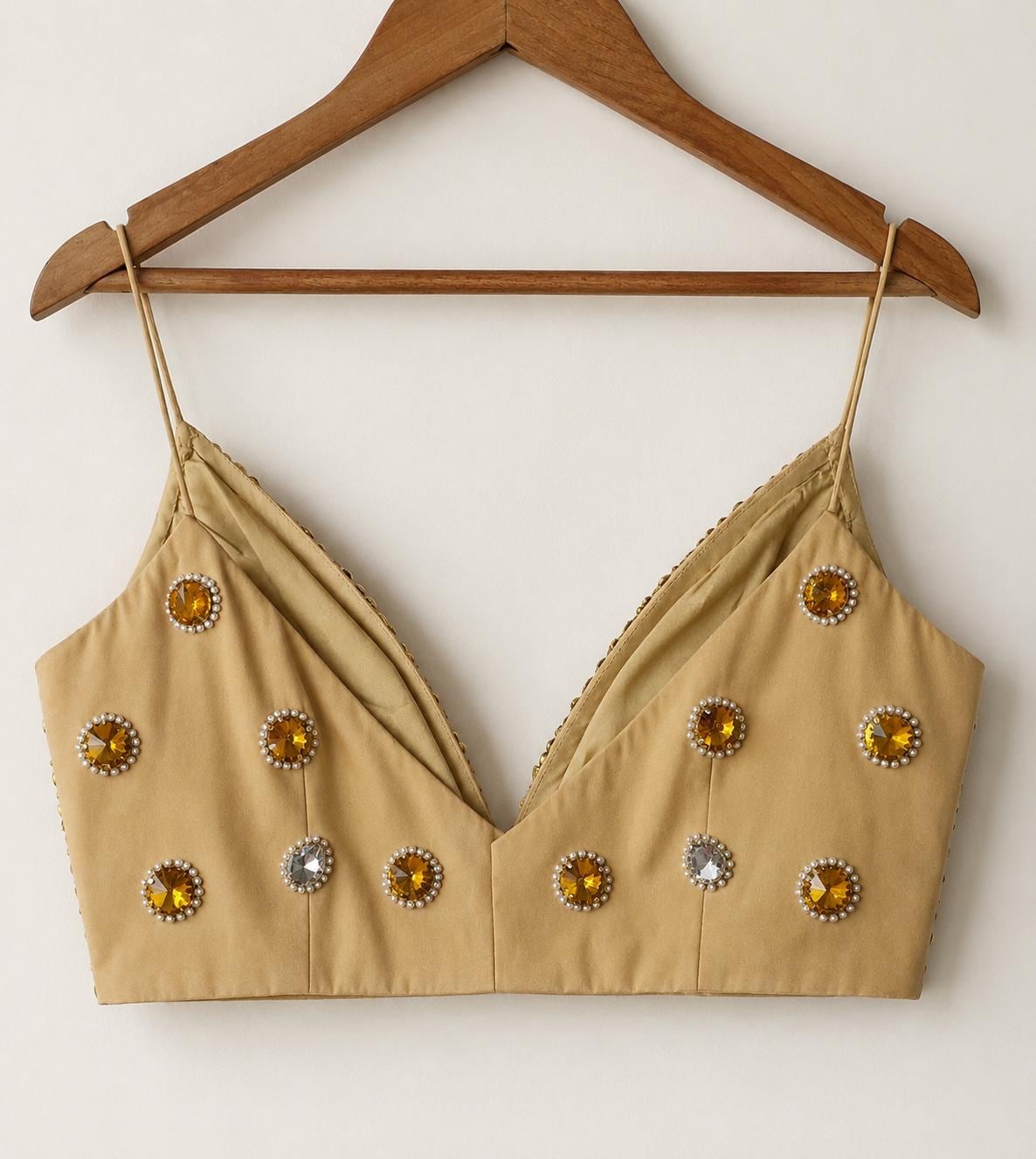 Hand Embroidered Gold Bejeweled Blouse, Kundan Embellished, Spaghetti Top DVBL_510