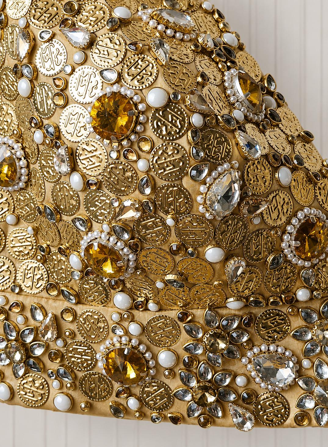 Hand Embroidered Gold Bejeweled Blouse, Kundan Embellished, Spaghetti Top DVBL_510