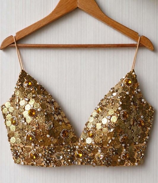 Hand Embroidered Gold Bejeweled Blouse, Kundan Embellished, Spaghetti Top DVBL_510