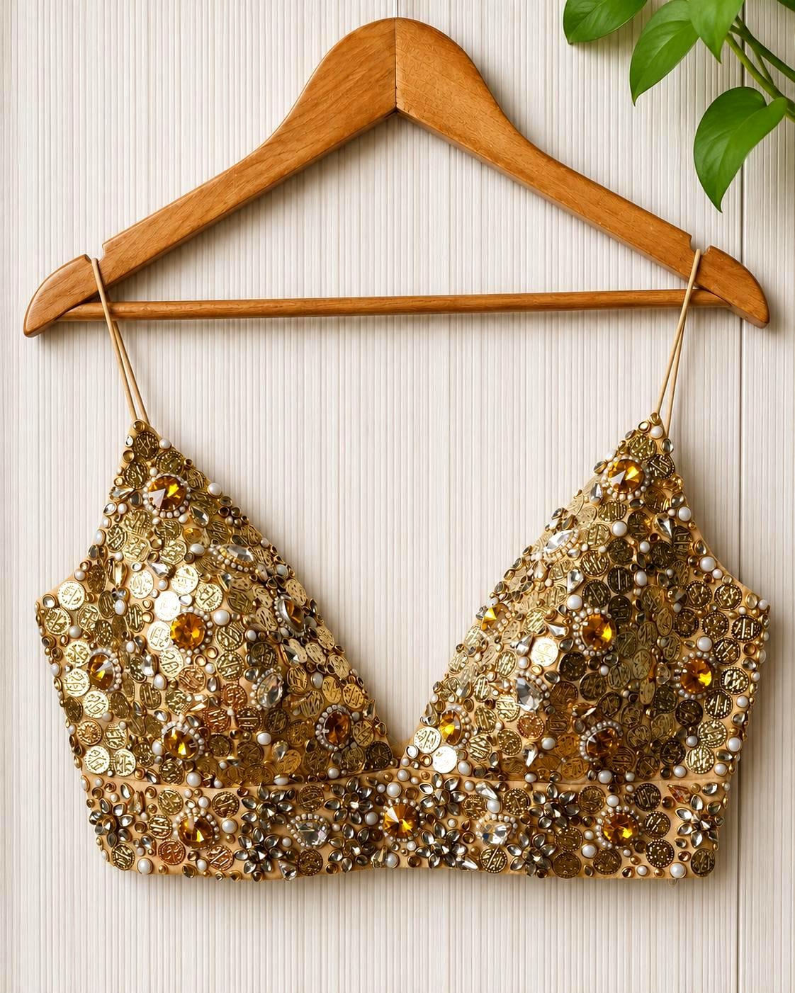 Hand Embroidered Gold Bejeweled Blouse, Kundan Embellished, Spaghetti Top DVBL_510