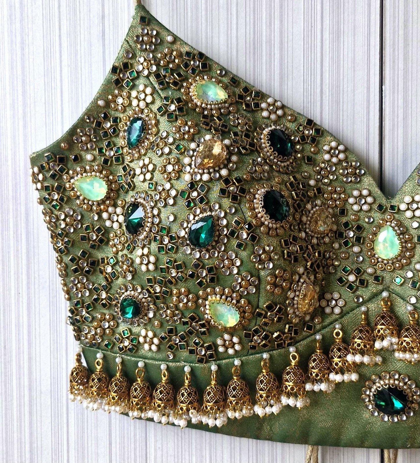 Hand Embroidered Green Saree Blouse, Kundan Embellishment, Bejeweled Bralette DVBL_507