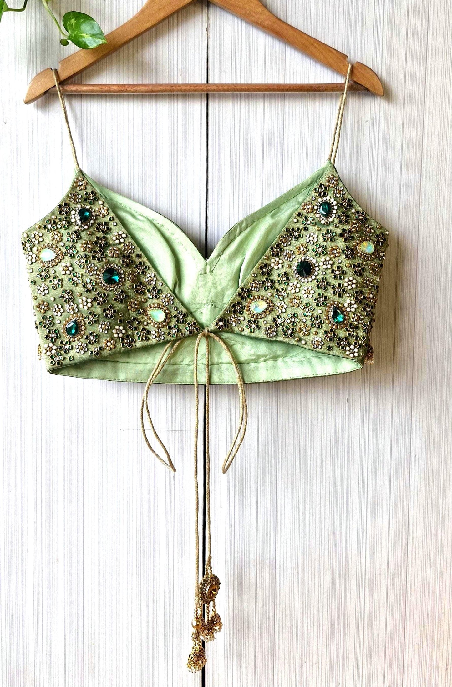 Hand Embroidered Green Saree Blouse, Kundan Embellishment, Bejeweled Bralette DVBL_507