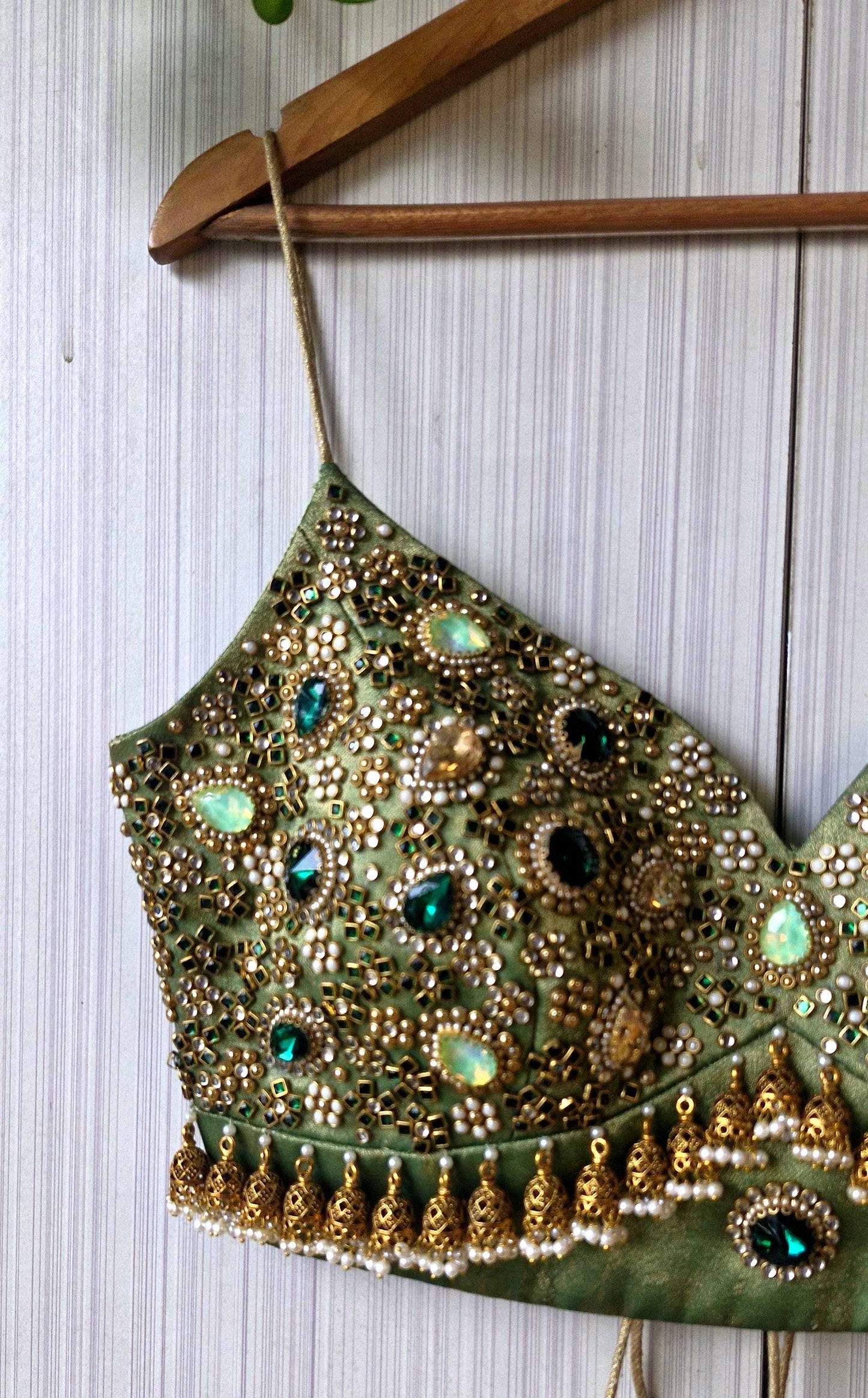 Hand Embroidered Green Saree Blouse, Kundan Embellishment, Bejeweled Bralette DVBL_507