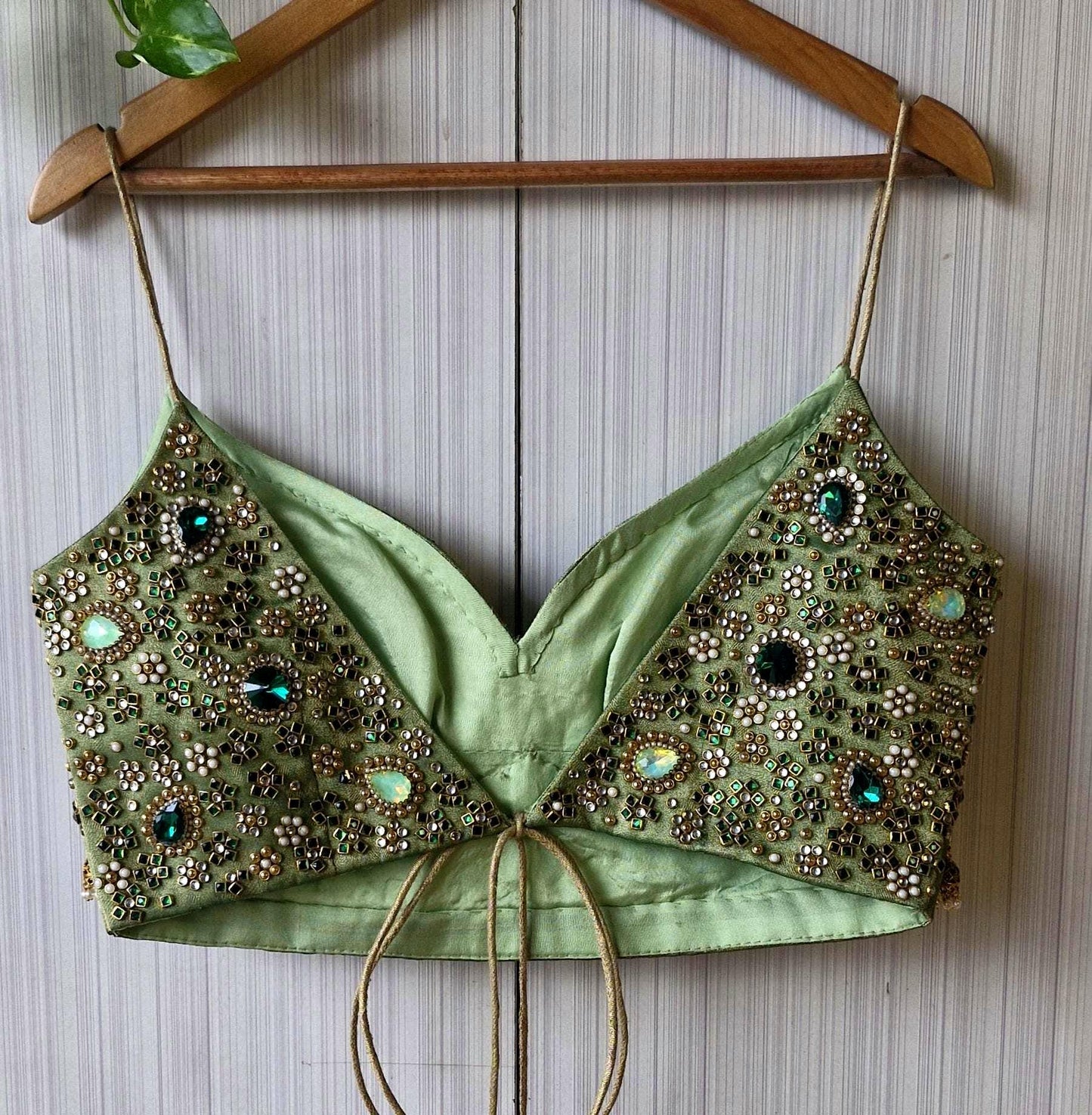 Hand Embroidered Green Saree Blouse, Kundan Embellishment, Bejeweled Bralette DVBL_507