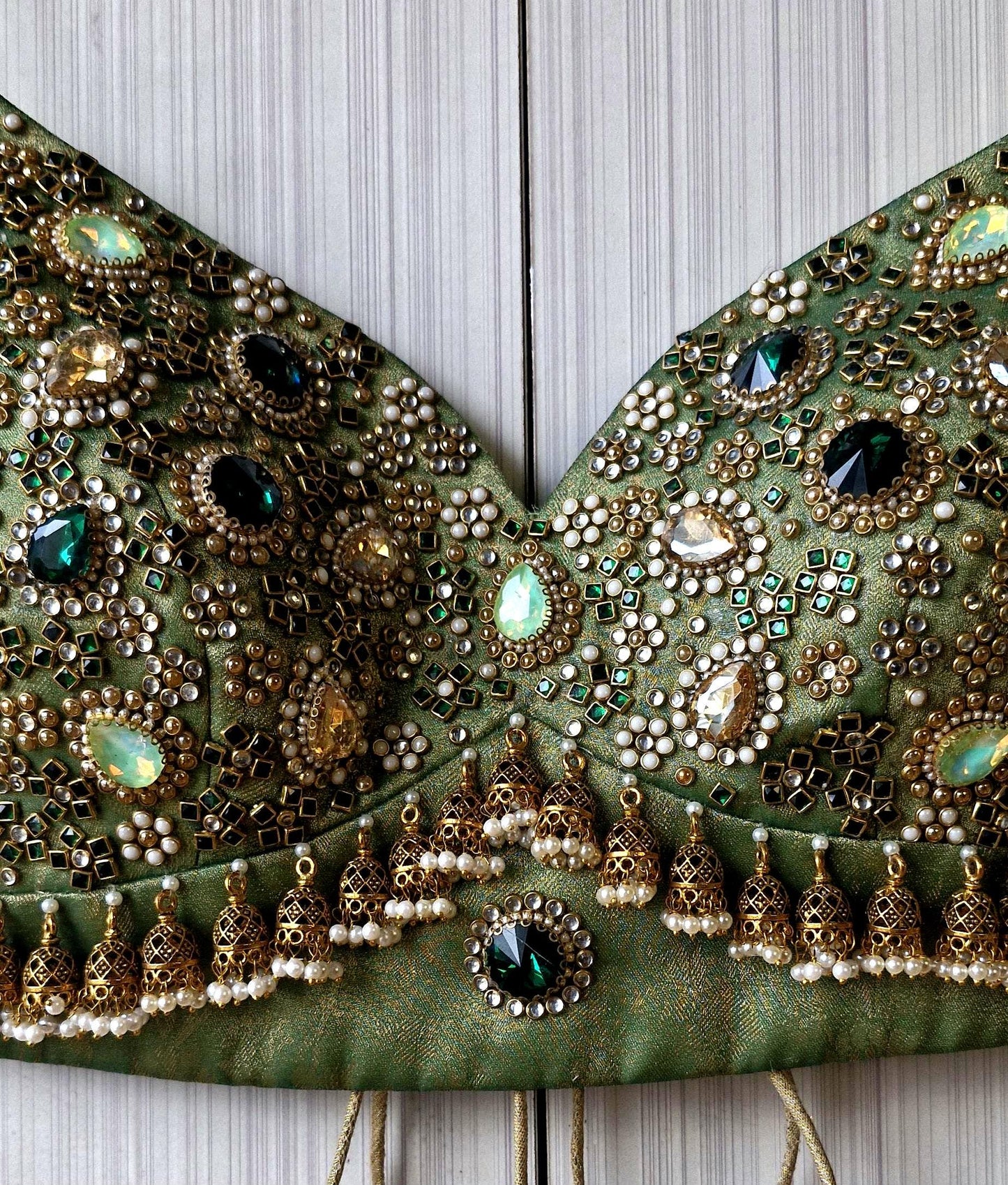 Hand Embroidered Green Saree Blouse, Kundan Embellishment, Bejeweled Bralette DVBL_507