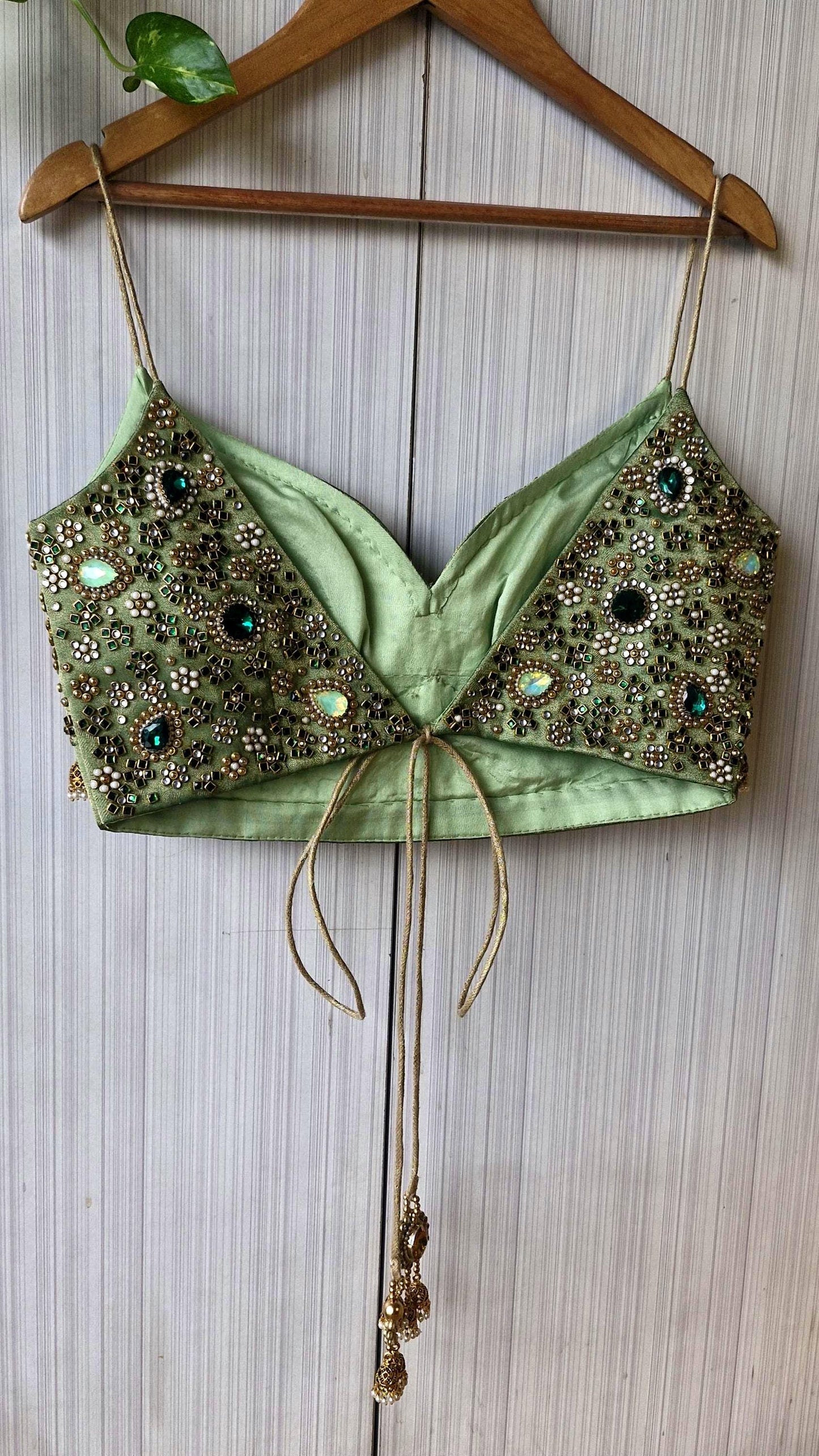 Hand Embroidered Green Saree Blouse, Kundan Embellishment, Bejeweled Bralette DVBL_507