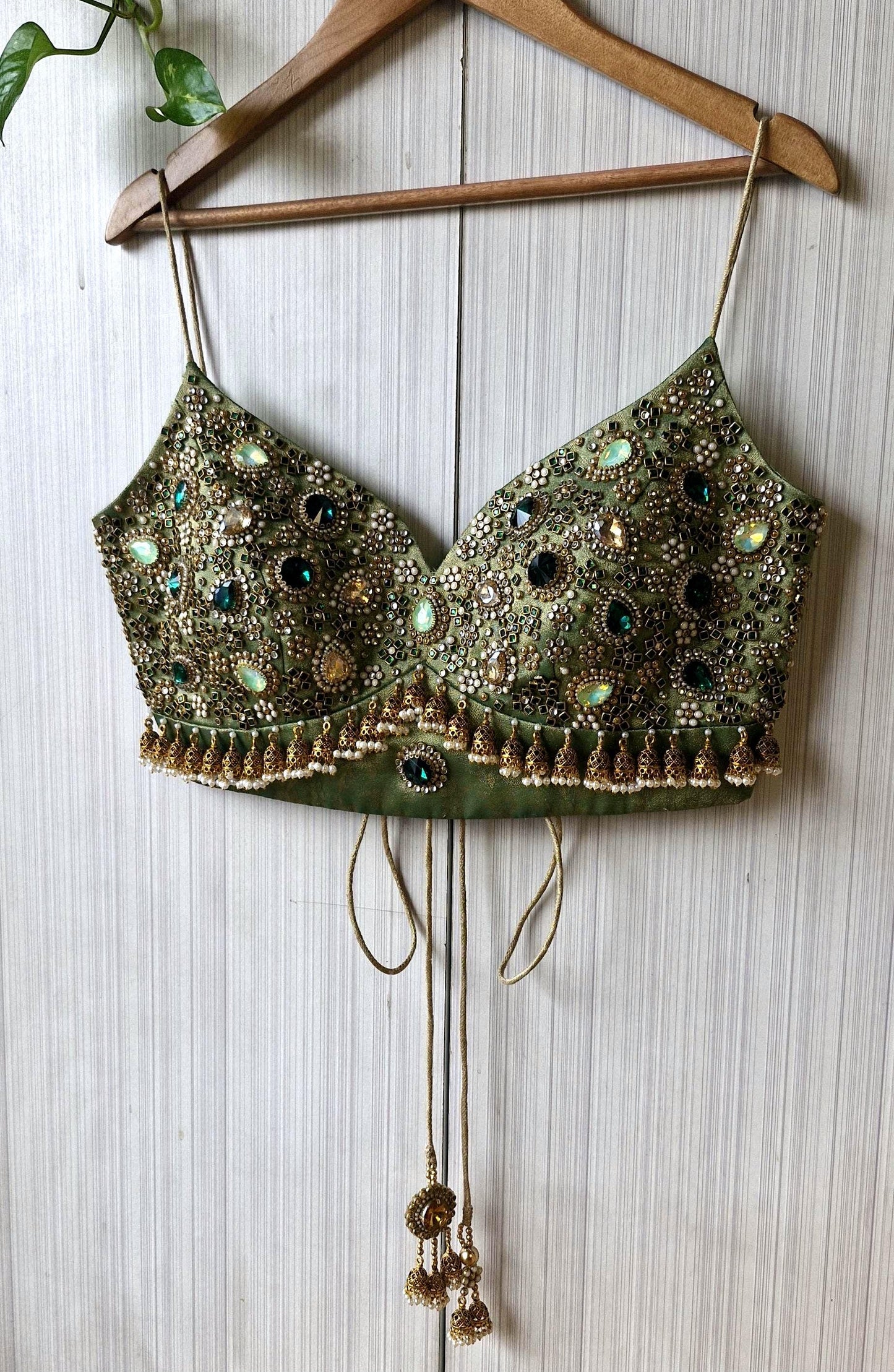 Hand Embroidered Green Saree Blouse, Kundan Embellishment, Bejeweled Bralette DVBL_507