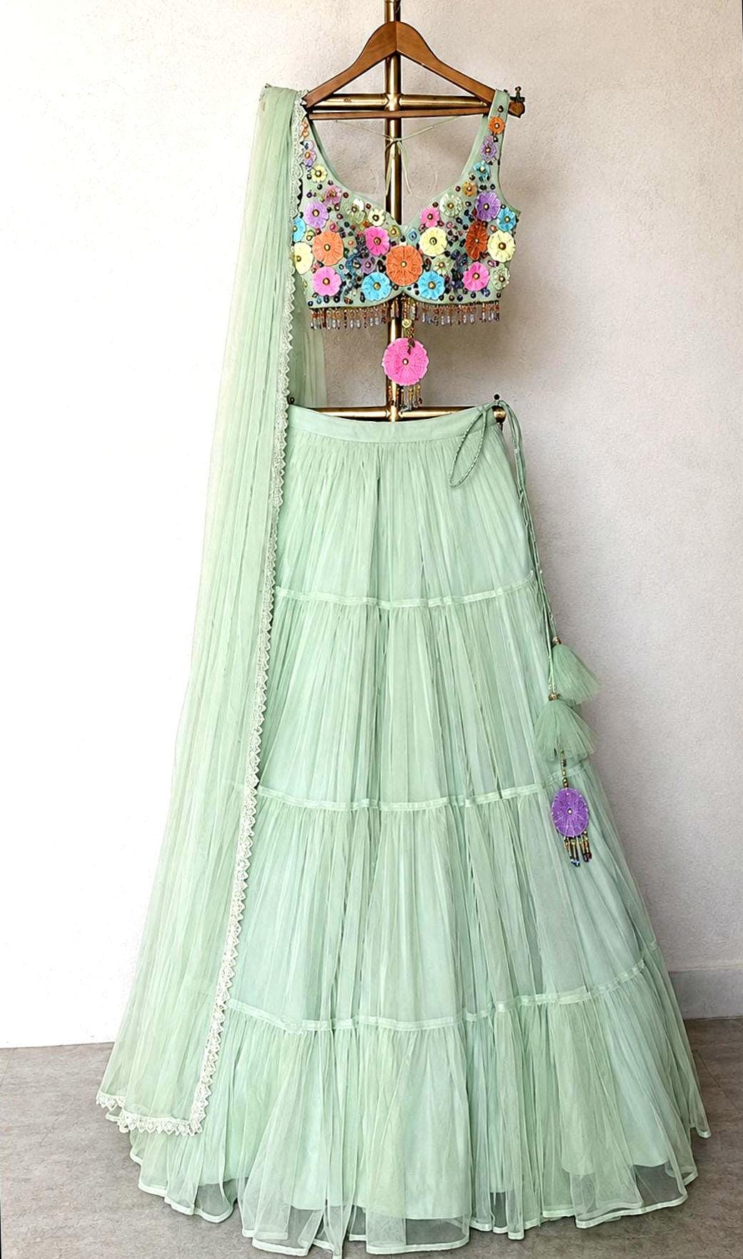 Hand Embroidered Mint Green Net Lehenga Set- Wedding Dress Mehendi Lehenga DVMTD_0300
