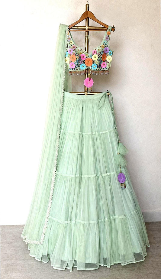 Hand Embroidered Mint Green Net Lehenga Set- Wedding Dress Mehendi Lehenga DVMTD_0300