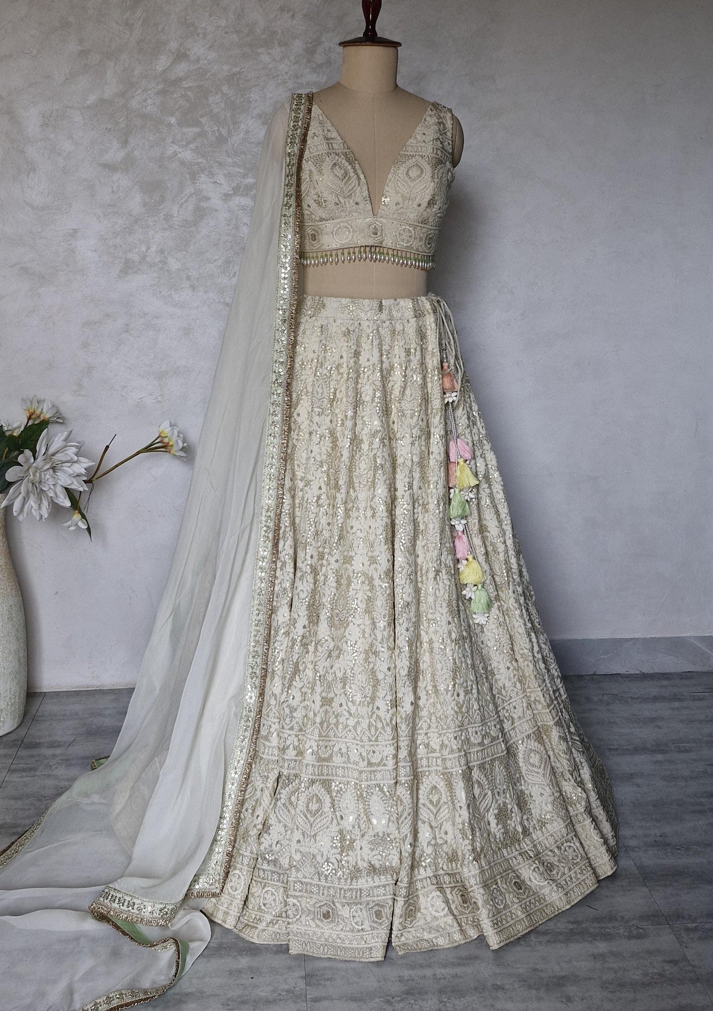 Embroidered Champagne Chikankari Tissue Silk Lehenga Choli DVMTD_0296